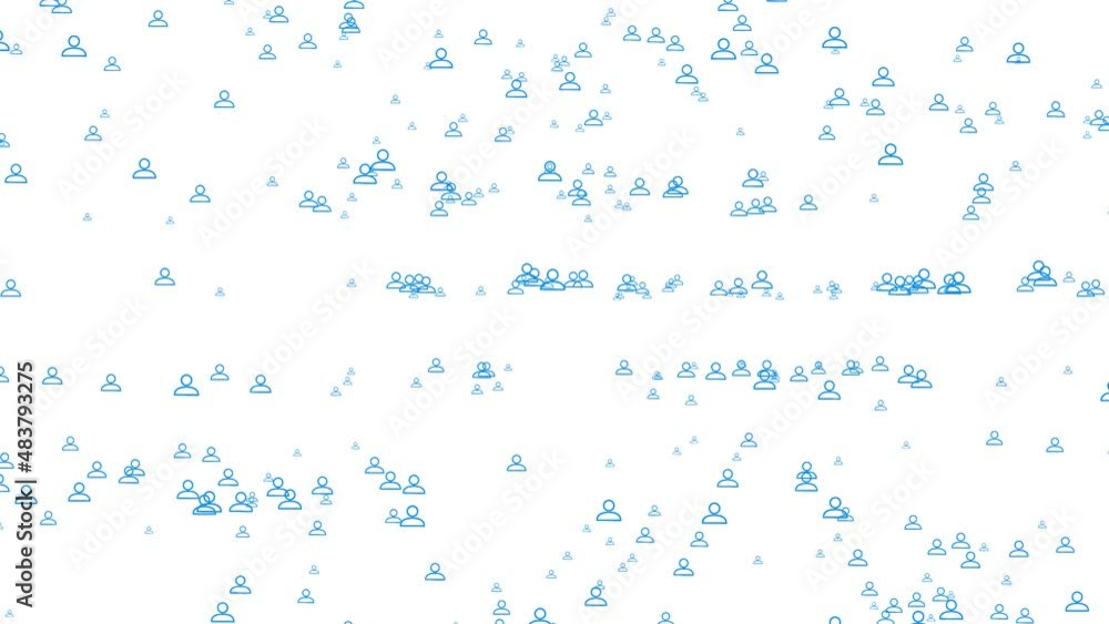 Poster animation of network of connections and white people icons interacting over cityscape with clouds on
