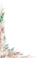 Watercolor pampas grass border. Boho dried grass and leaves neutral colors bouquet. Botanical nature design isolated on white. Bohemian style wedding invitation, greeting, card, postcard