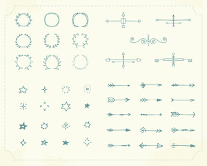 Set of hand-drawn black handle elements. Decorative design elements. Arrows,  stars, lights, laurel wreaths, . Vector.