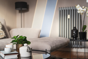 Trendy Interior design of  living room with stylish grey sofa, coffee table, house plants,pillows,...