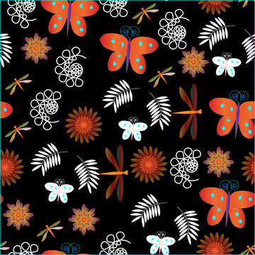 Seamless floral pattern with butterflies and dragonflies on a black background. For wallpaper, paper, background, fabric, cover, packaging.