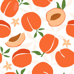 Seamless pattern with delicious appetizing peach, apricot. Contemporary print with fruits, whole, half and slice. Vector graphics.