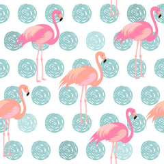 Seamless polka dot pattern with pink flamingo. Vector. © yulyyulia