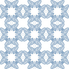 Seamless white and blue. The pattern consists of drawings of butterflies and beetles. Vector.