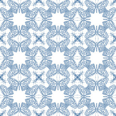 Seamless white and blue. The pattern consists of drawings of butterflies and beetles. Vector.