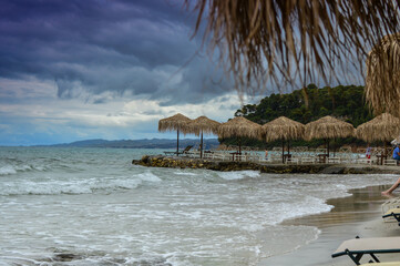 Storm at the beach. Big waves and clouds in the sky