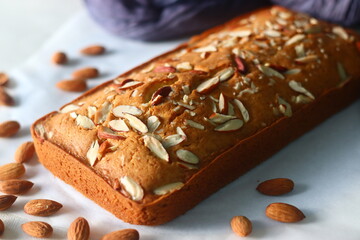 Ghee cake. Vanilla flavoured ghee cake with almonds on top. The perfect accompaniment for a cup of coffee