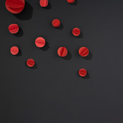Chinese new years red laterns on darknes black background. elegant and traditional minimal composition for selebrte. Flat lay view.