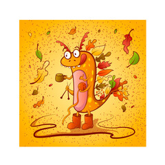 Character design autumn monster with a cup of tea