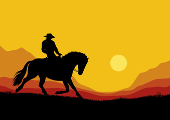 Silhouette of a cowboy on a horse against a natural landscape with the sun and mountains in the background. Vector illustration.