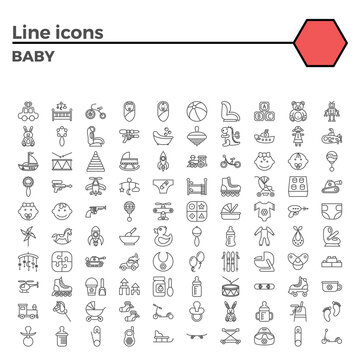Baby Thin Line Related Icons Set on White Background. Simple Mono Linear Pictogram Pack Stroke Logo Concept for Web Graphics