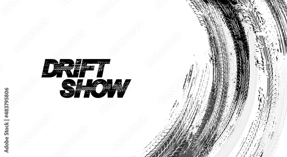 Wall mural drift background monochrome with texture wheel marks and drift in skidding, rounded tire marks. vect