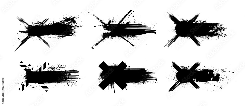 Poster dirty paint callouts titles in grunge style. callouts bar label ink brushstroke and paintbrush templ