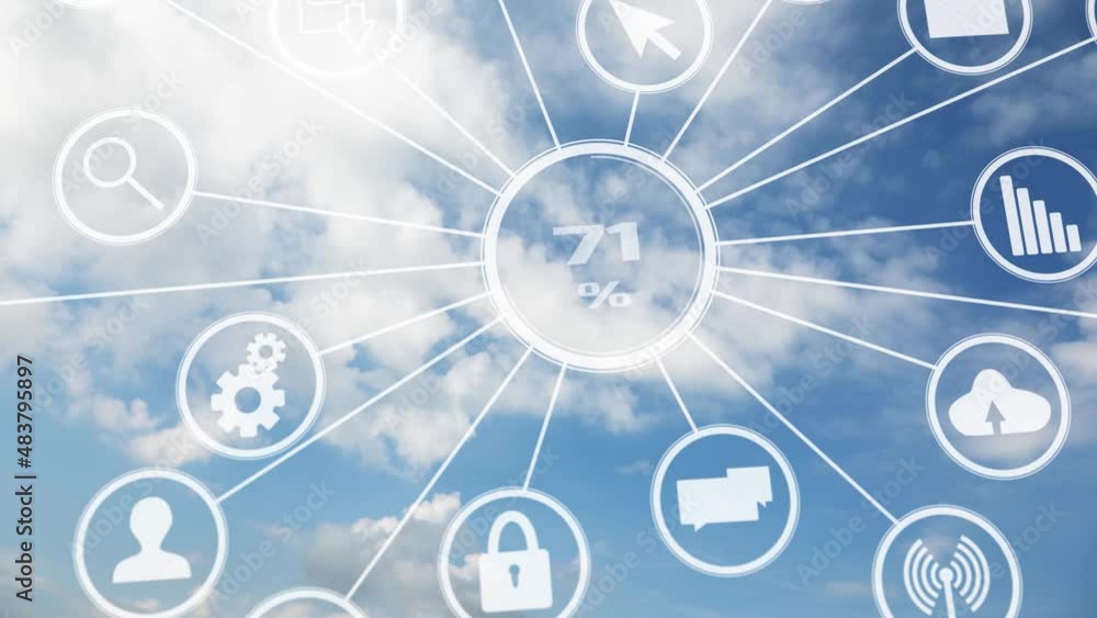 Poster concept technology icon symbol digital animation on sunny sky with clouds time lapse. loop backgroun