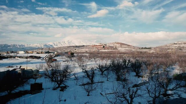 North Of Israel On Winter Snow 4k Drone Shot Hermon Moutain