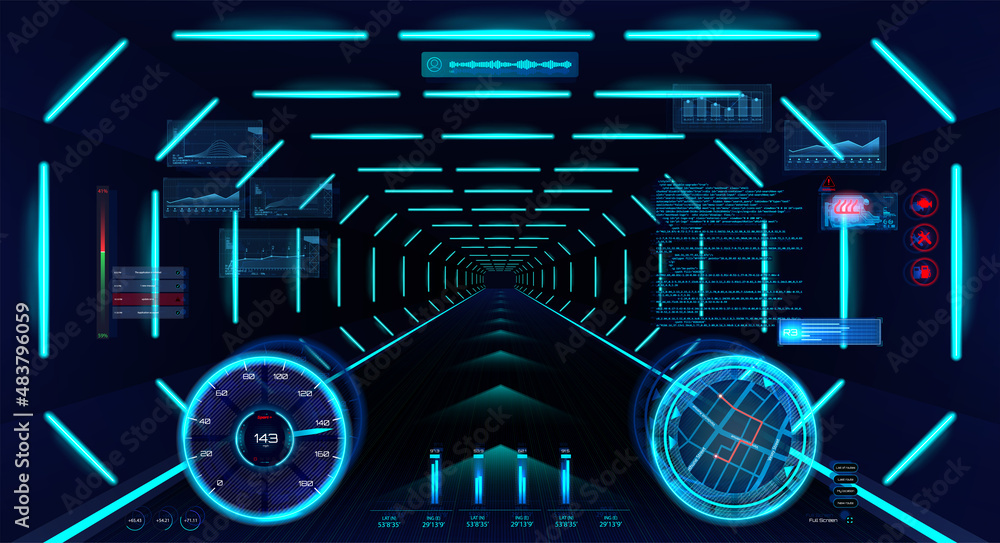 Aufkleber futuristic hud car interface in cyberspace for vr, ar, gui, ui. concept vr helmet and spaceship cock