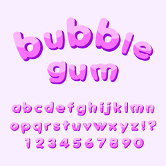 Font Bubble Gum. Vector set of pink cartoon letters. Sweet symbol alphabet illustration