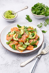 Fresh salmon salad with avocado,  for keto and low carb diet. Rusty background, top view, copy space.