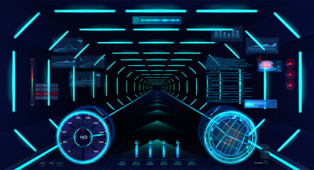 Futuristic HUD car interface in cyberspace for VR, AR, GUI, UI. Concept VR helmet and spaceship cockpit view. Auto indicators HUD, engine status, speedometer and GPS navigation. Vector cyberpunk 