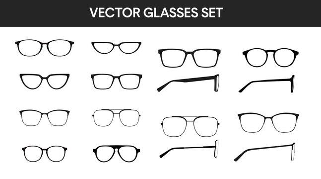 Vector isolated Illustration of a Glasses Frame Set. Set of Black glasses Frame Front and Side View
