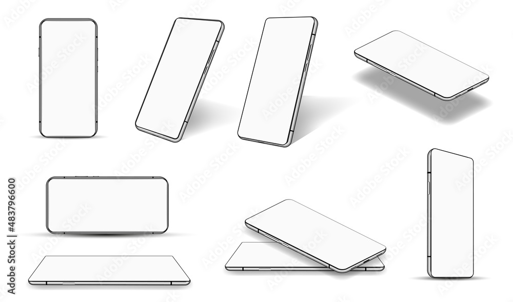 Aufkleber Cellphone with blank screen template. 3D realistic smartphones in different angles. Mockup generic device for presentation UI, UX, App, Web. Mobile phone mockups in realistic style. Template cellphone