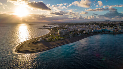 Aerial - Drone photography of sunrise above Rhodes island