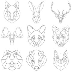 Geometric heads of nordic animals. Set of polygonal beasts. Vector illustration