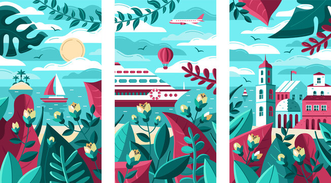 Vector set of illustrations in flat style. Travel, tourism, recreation. Exotic views on the beach. Images for screensavers, social media, postcards