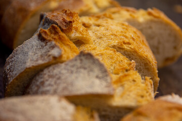 A closeup of sliced crusty French bread.