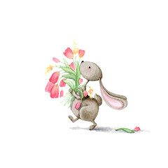 Cute hare with flowers. A hare in love carries flowers as a gift. cute character
