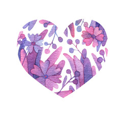 Heart with pink flowers, leaves, berries. Cute heart for valentine's day