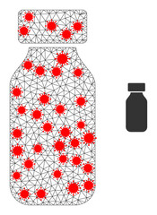 Mesh vial in outbreak style. Mesh carcass vial image in low poly style with organized linear items and red coronavirus items. Vector structure is created from vial with covid items.