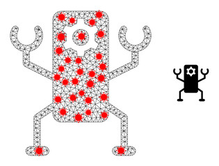 Mesh nanobot with outbreak style. Mesh wireframe nanobot image in lowpoly style with connected linear items and red covid nodes. Vector structure is created from nanobot with virus nodes.
