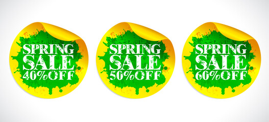 Spring sale stickers set. Grunge design concept style. Sale 40, 50, 60 percent off