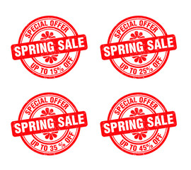 Spring sale grunge stamp sign set. Sale up to 15, 25, 35, 45 percent off