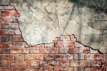 Old brick wall with peeling plaster, grunge background