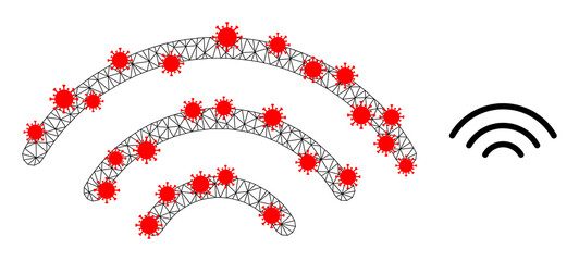Polygonal Wi-Fi source in infection style. Polygonal wireframe Wi-Fi source image in low poly style with connected lines and red covid items.