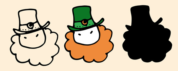 the head of a dwarf in a green hat and a red beard. doodle-style leprechaun icon, isolated black outline and silhouette on white for St. Patrick's Day template