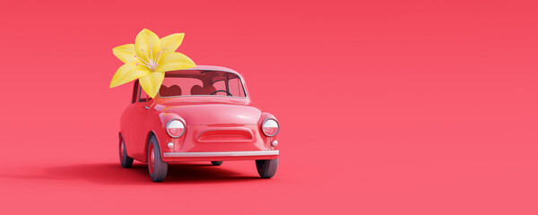 Cute car carry yellow flower on red background with copy space 3d render 3d illustration - obrazy, fototapety, plakaty