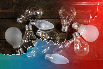 Light bulbs and rising chart of electricity price