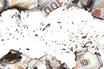 Remainings of a burnt out dollar bills reduced to ashes after a fire.