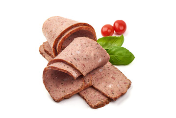 Sliced Baked meatloaf, minced meat roll, isolated on white background.