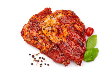 Raw bbq ribs, marinated meat for grill, isolated on white background.