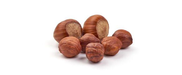 Hazelnut heap, isolated on white background.