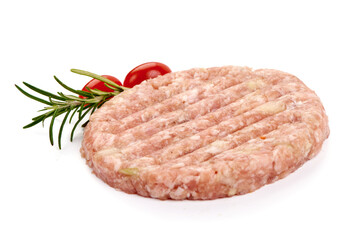 Burger patties, ready to fry, burger cutlets, isolated on white background.