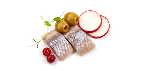 Salted atlantic herring, isolated on white background.