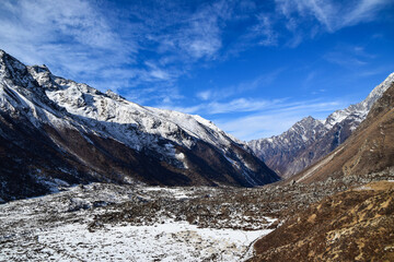 Fototapeta premium Himalaya mountains in Nepal. Tamang Heritage Trail and Langtang trek day 9 from Kyanjin Gumpa to Langtang