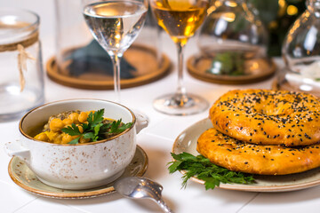 Dishes of Eastern cuisine: soup and pide.