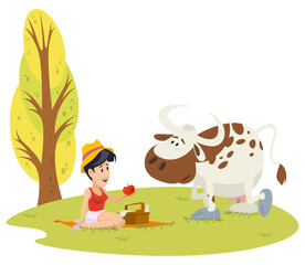 Girl feeds cow. Illustration for internet and mobile website.