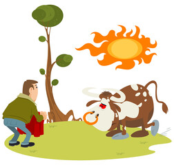 Man teases bull with red rag. Illustration for internet and mobile website.